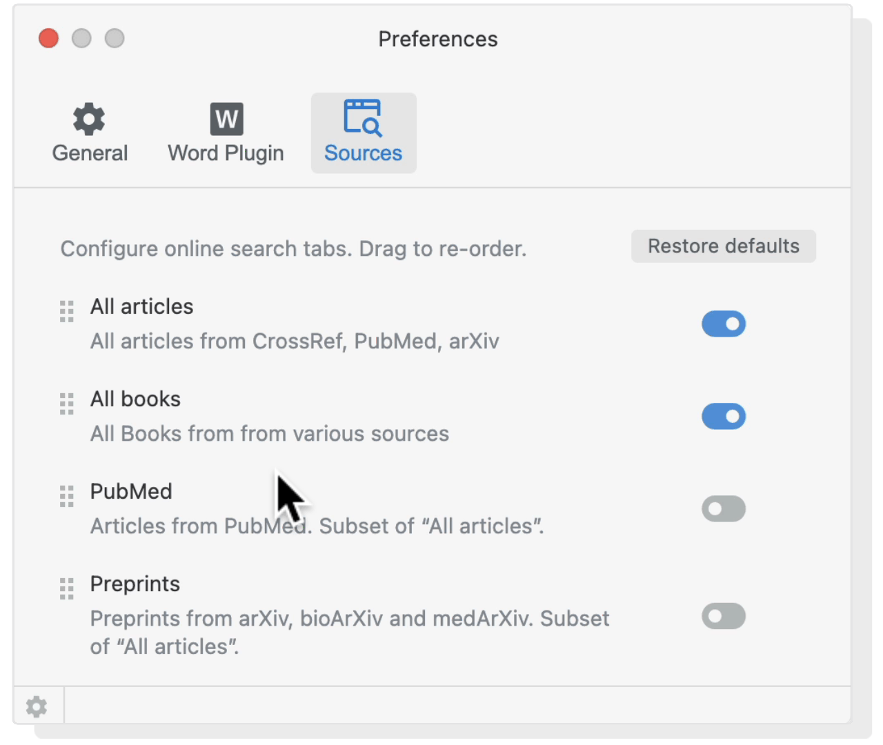 Configure sources in the MS Word plugin
